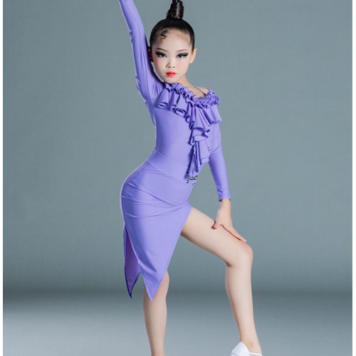 Girls kids light purple side slit latin dance dress ruffles front irregular skirts long sleeves latin performance costumes for children